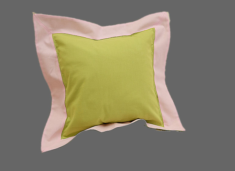 Baby Hemstitch Pillow Sham. Hot Green with Baby Pink border